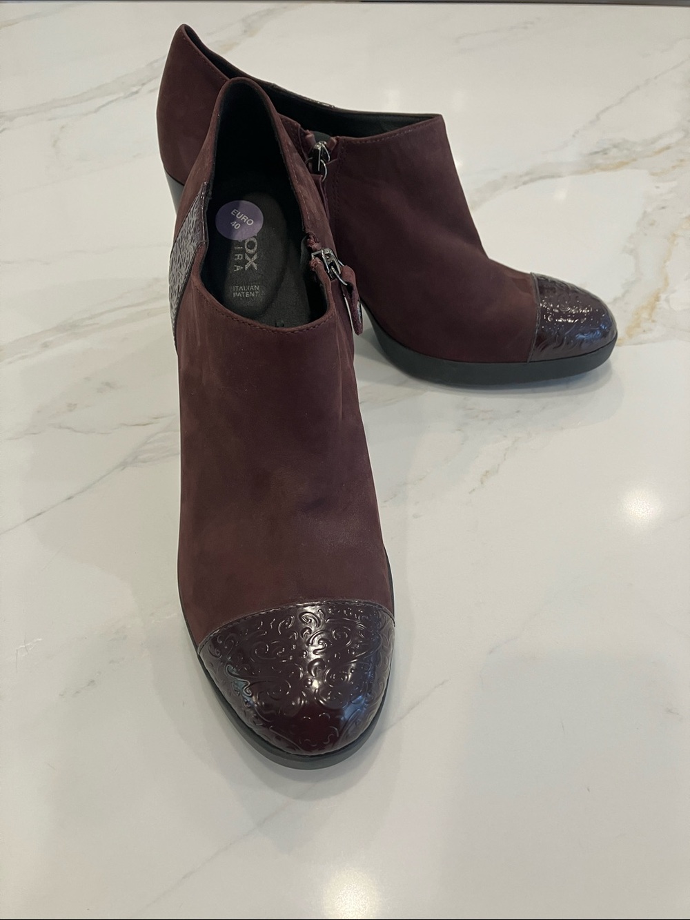 Geox Burgundy Platform Suede Booties w/ Patent Leather Cap Toe- Never Worn